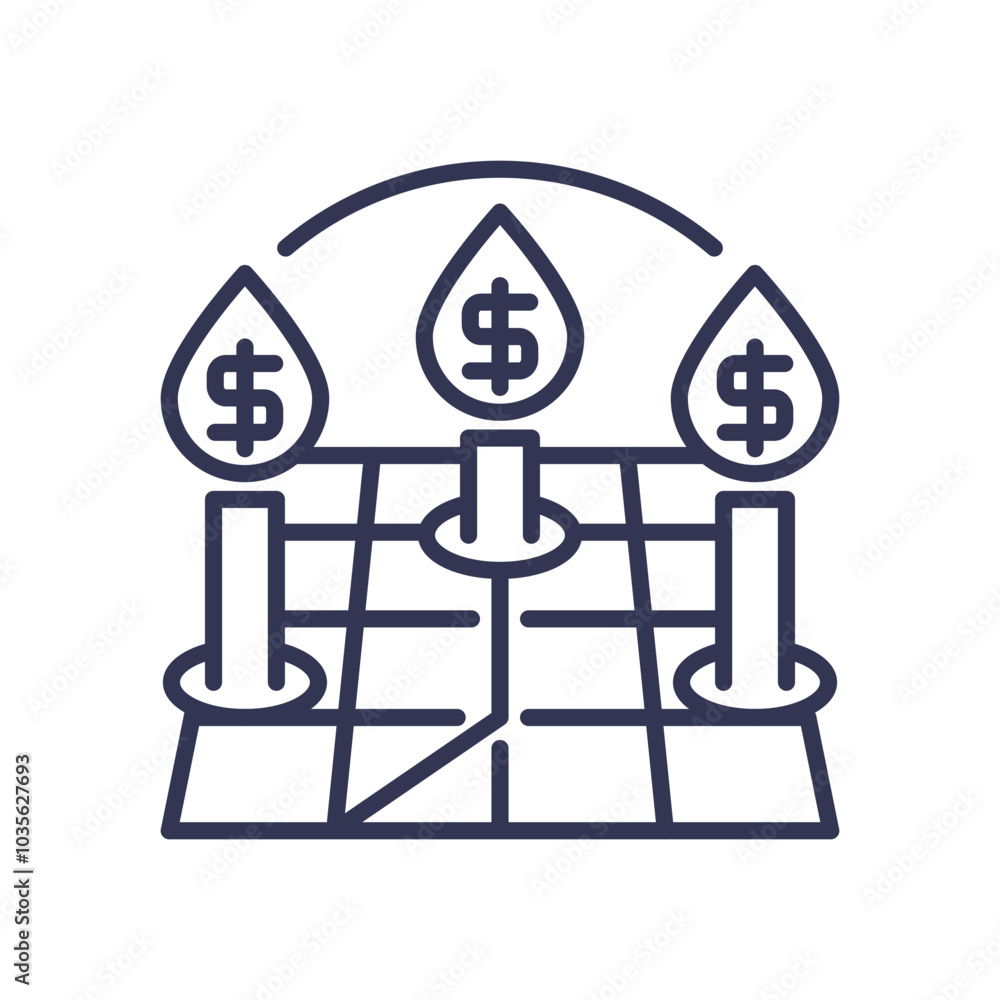 Graph with dollar signs on pins, symbolizing price variation. Graph with dollar signs on pins, symbolizing price variation.