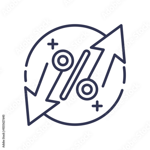 Arrows and percentage symbol depict fluctuating interest rates.
