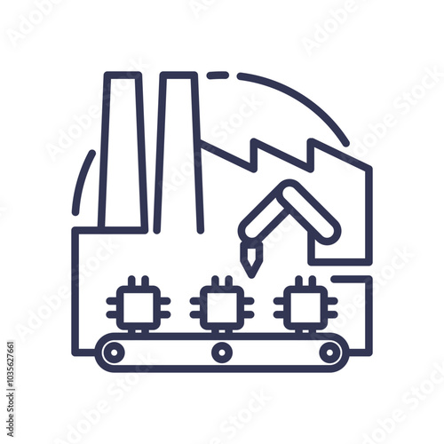 Factory with conveyor belt and robotic arm symbolizing automation in manufacturing.