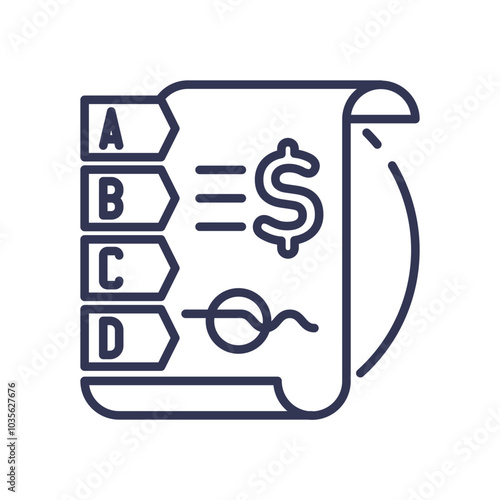 Illustration of credit rating with grades A-D and dollar sign, symbolizing financial assessment.