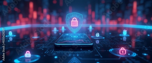 A glowing digital padlock floating above a smartphone with data streams surrounding it, symbolizing cybersecurity and data protection. The image highlights security in the digital world.