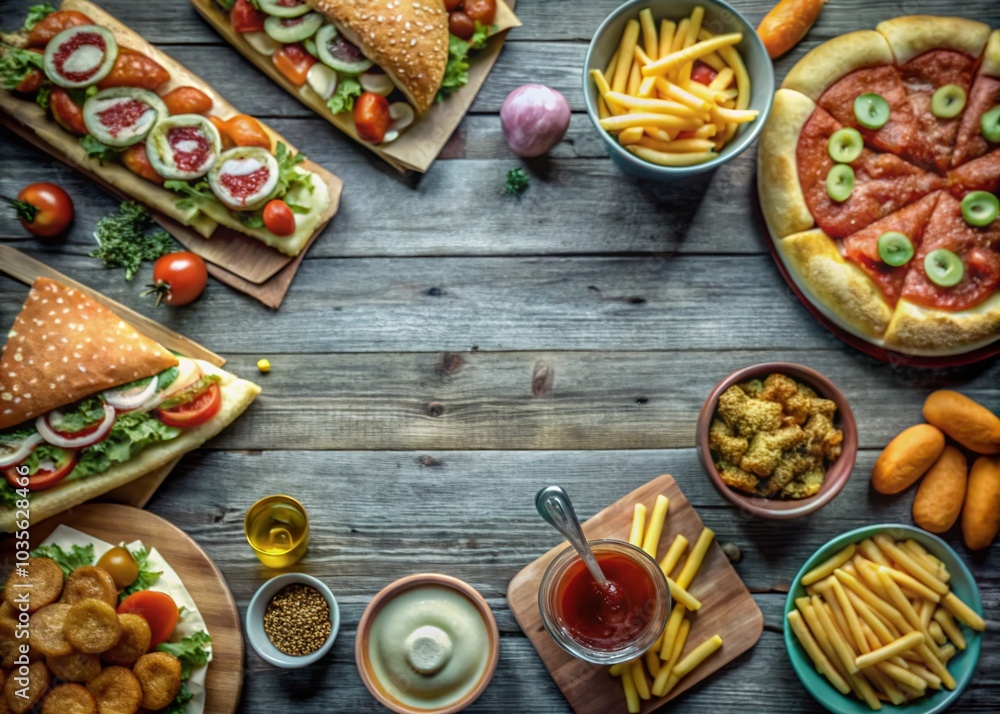 custom made wallpaper toronto digitalAssortment of Fast Food Takeout with Pizza, Burgers, and Fries - Top View for Food Lovers