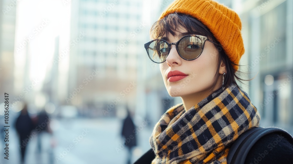 A stylish woman in an orange beanie and sunglasses, standing in an urban setting, exuding confidence and fashion-forward flair. A stylish woman in an orange beanie and sunglasses, standing in an urban setting, exuding confidence and fashion-forward flair.