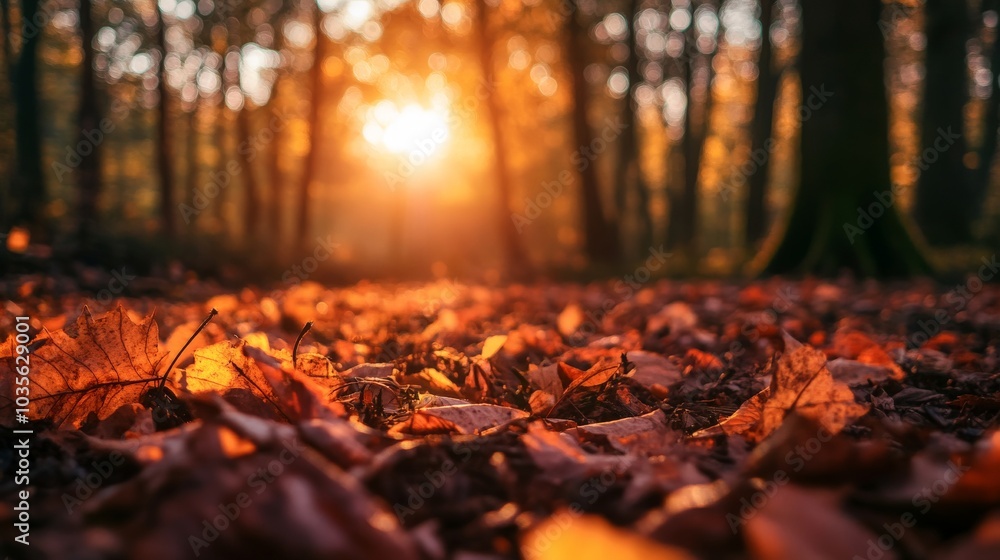 Golden autumn leaves in the forest with a sunbeam through trees. Golden autumn leaves in the forest with a sunbeam through trees.