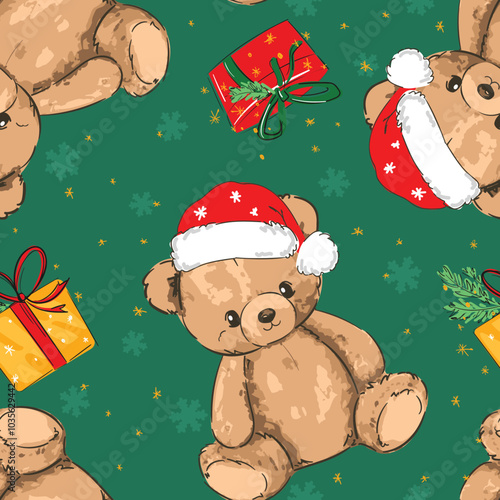 Christmas background Seamless pattern teddy bear new year print design background vector textile for kids fashion