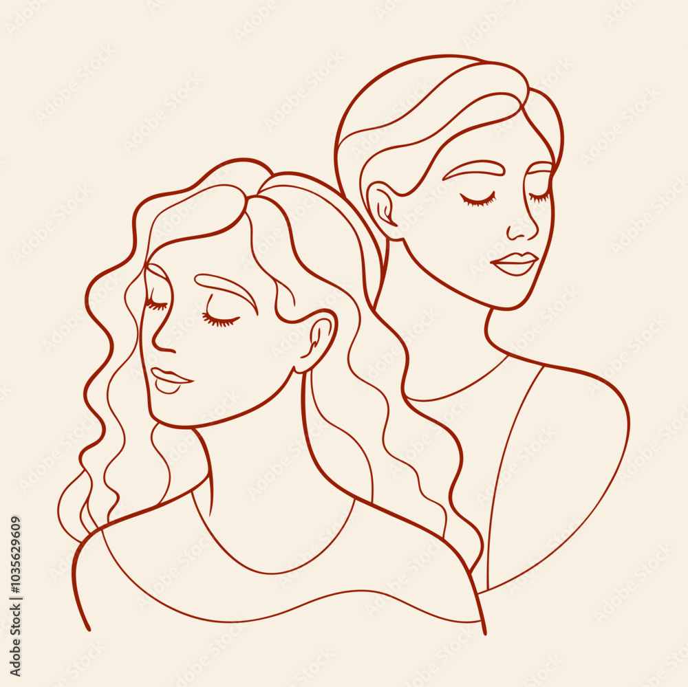 Serene line drawing of two women with closed eyes and harmonious expressions on a beige background
Serene line drawing of two women with closed eyes and harmonious expressions on a beige background