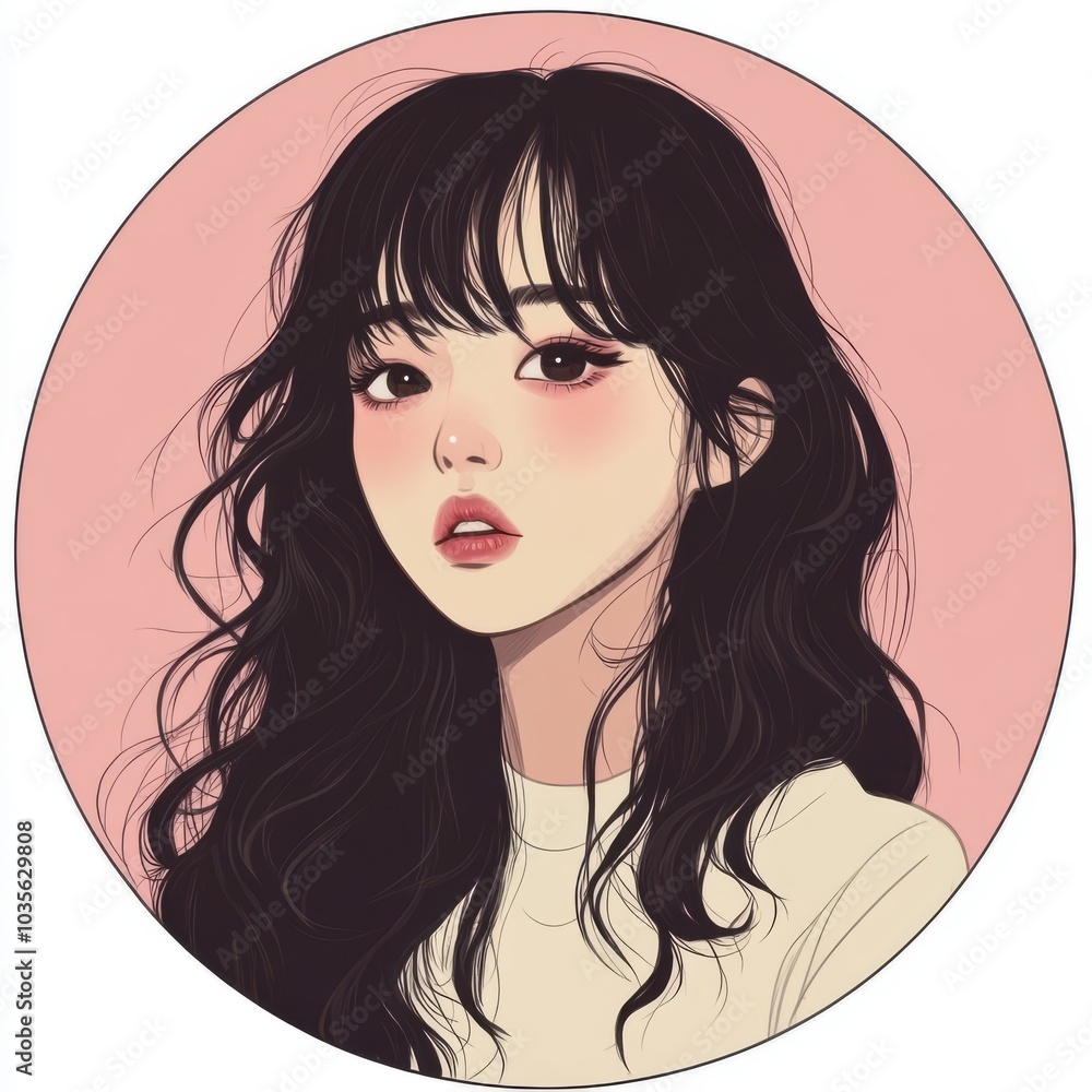 Stylish portrait of a young woman with long black hair, featuring a soft expression against a pastel background. Stylish portrait of a young woman with long black hair, featuring a soft expression against a pastel background.