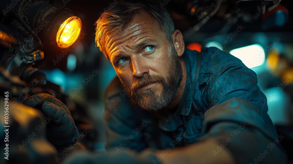 A technician, dressed in work attire, carefully examines complex machinery under warm light, surrounded by tools and equipment, focused on his task in the workshop. A technician, dressed in work attire, carefully examines complex machinery under warm light, surrounded by tools and equipment, focused on his task in the workshop.