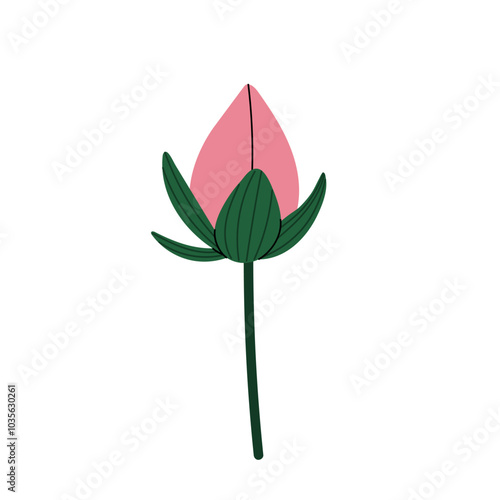 Closed bud of lotus flower. Pink water lily flower. Lotus icon for yoga, spa, massage, meditation. Vector illustration on white background.