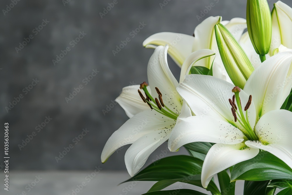 Fresh white lilies bouquet on textured grey background Fresh white lilies bouquet on textured grey background