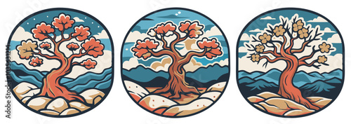 Asian culture set of elements. Collection with traditional symbols of asia. Set of three illustrations in a vintage style, featuring blooming sakura trees in a mountainous landscape