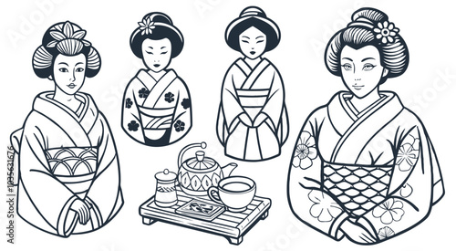 Geishas in traditional kimonos and a tea ceremony set. Asian culture set of elements. Collection with traditional symbols of asia