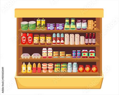 supermarket shelves with assortment food products and drinks flat colorful cartoon vector illustration.food products on shop shelf supermarket shopping image.store shelves full of groceries.