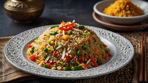 A vibrant bowl of rice with colorful vegetables, perhaps a vegetarian or chicken dish, is a healthy and delicious meal option photo