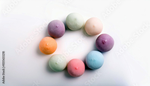 Pastel mochi balls arranged in a circle on a white background. No people. The scene is calm and evokes feelings of serenity and sweetness. The background is solid white.