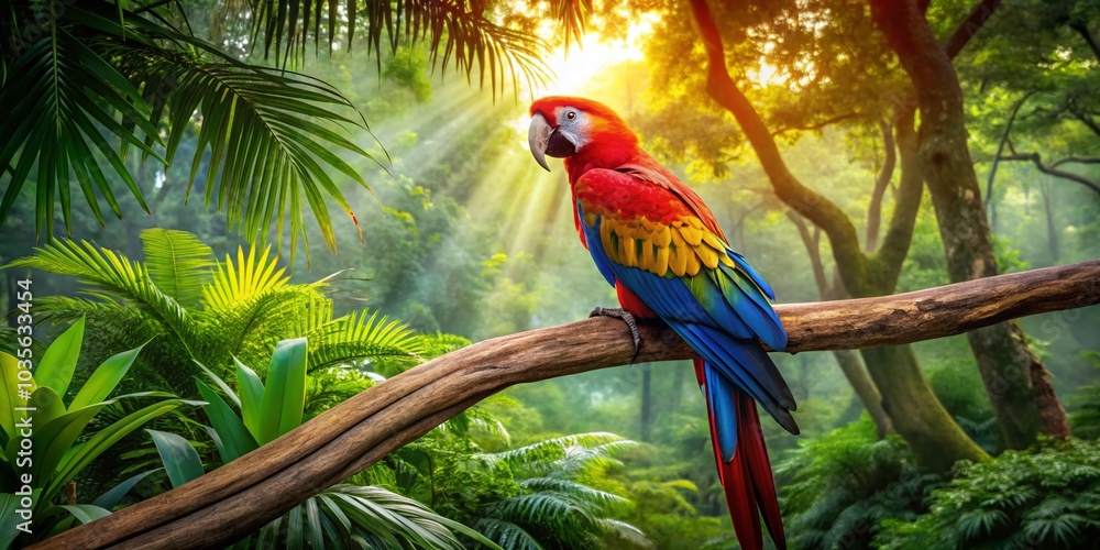 Obraz premium Vibrant Red Parrot in Tropical Rainforest - Captivating Architectural Photography