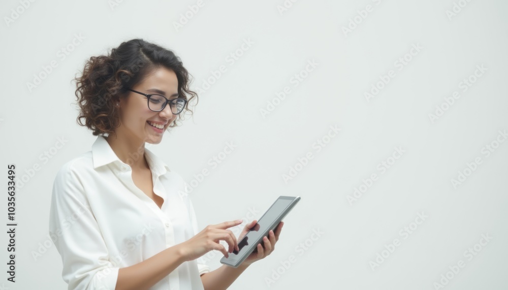 A woman wearing glasses and a white shirt holding and using a tablet while standing against a plain white background. The image emphasizes technology, business, and modern work. A woman wearing glasses and a white shirt holding and using a tablet while standing against a plain white background. The image emphasizes technology, business, and modern work.