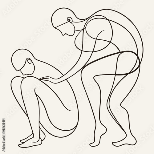 Abstract line drawing of two figures expressing emotion and support on a beige background
