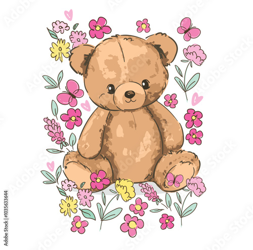 Cute teddy bear and little flowers vector hand drawn illustration cute print design for kids 