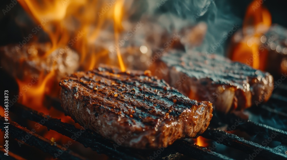 Juicy steak sizzling on a hot grill, close-up of charred lines, smoky, rich textures with a hint of flames, warm color tones. Juicy steak sizzling on a hot grill, close-up of charred lines, smoky, rich textures with a hint of flames, warm color tones.