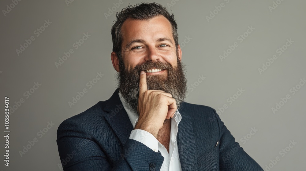 Bearded man in a business suit, smiling with hand on chin, neutral background, studio lighting Bearded man in a business suit, smiling with hand on chin, neutral background, studio lighting