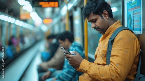 Indian man in a casual outfit leaning on a subway pole, typing on his phone, relaxed posture, with passengers blurred in the background