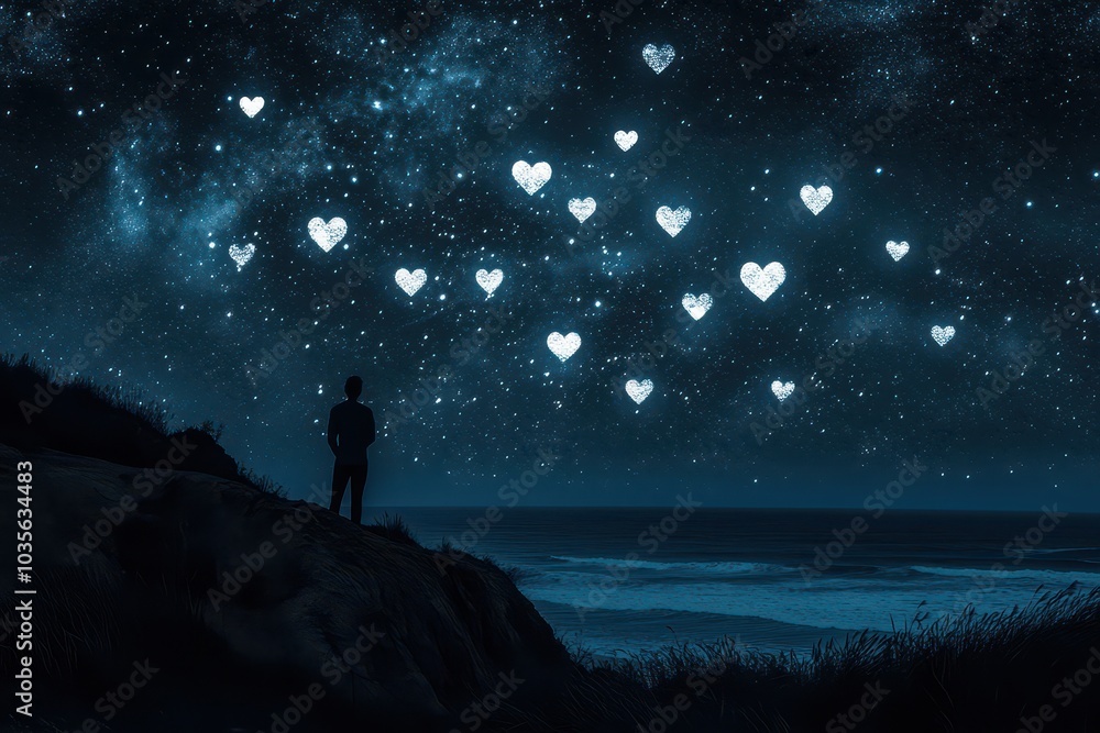 Fototapeta premium starry night sky with heart-shaped constellations tranquil ocean