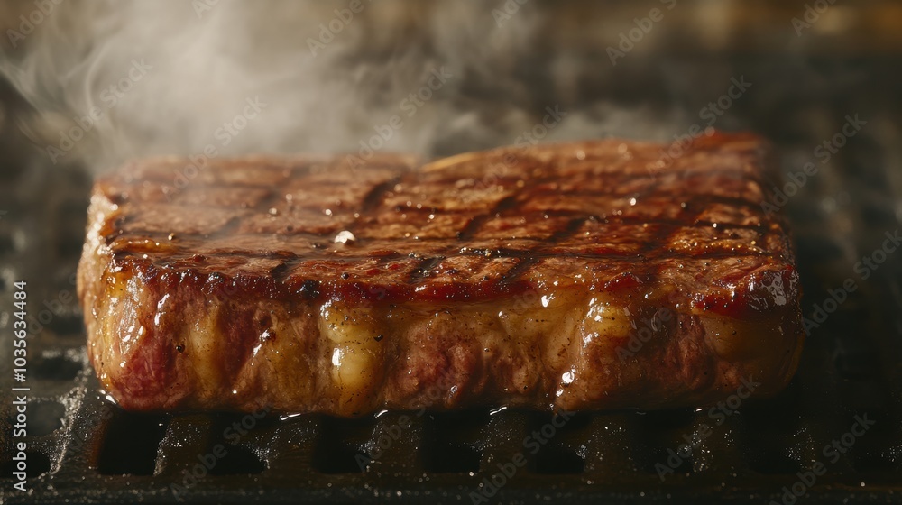 Juicy steak sizzling on a grill, close-up, smoky, rich textures. Juicy steak sizzling on a grill, close-up, smoky, rich textures.
