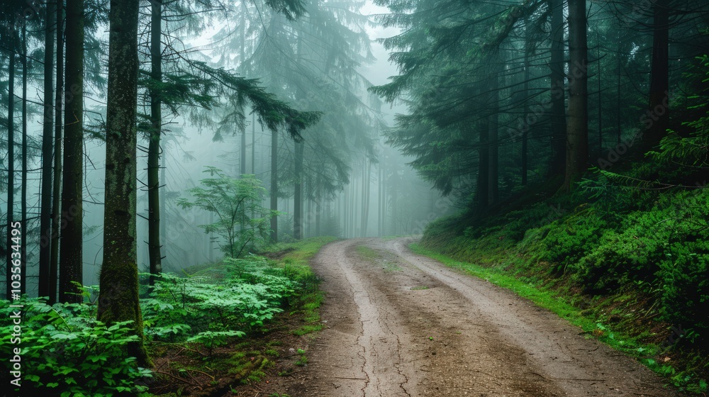 Obraz premium Foggy Forest Path, A Misty Journey