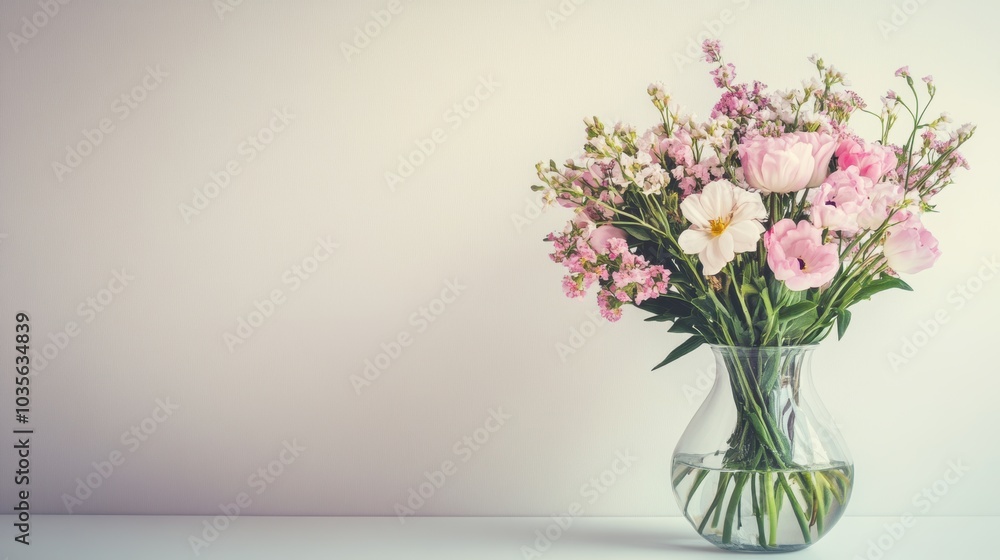 Vase of fresh spring flowers on a plain table, white background, soft pastel tones Vase of fresh spring flowers on a plain table, white background, soft pastel tones