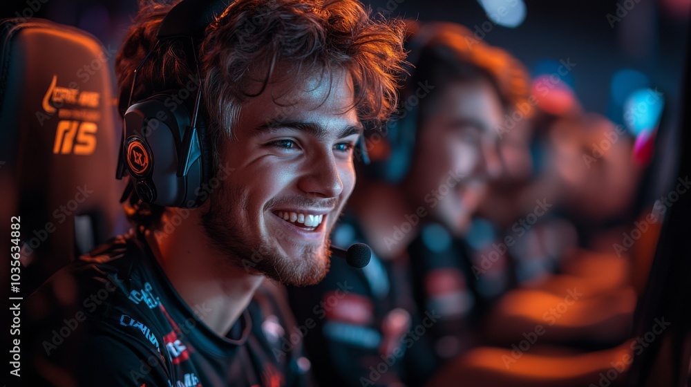 A group of young gamers is engaged in an exciting esports competition, with one player smiling confidently, immersed in the thrilling atmosphere of the event. A group of young gamers is engaged in an exciting esports competition, with one player smiling confidently, immersed in the thrilling atmosphere of the event.