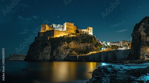 A beautifully illuminated castle at night, set against a starry sky by the sea.