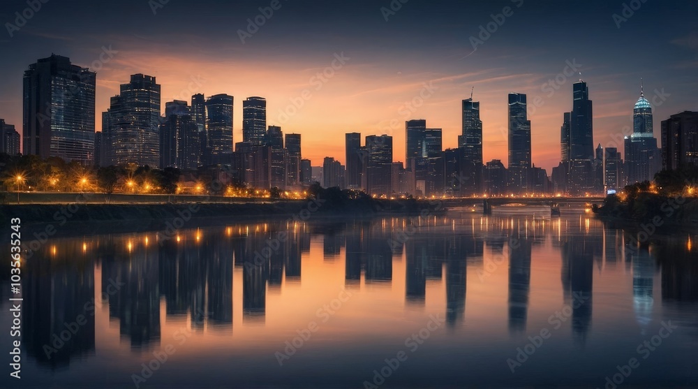 Majestic Cityscape at Dusk: Illuminated Urban Skyline Reflected on Calm Waters, Showcasing Architectural Splendor and the Serenity of Twilight Majestic Cityscape at Dusk: Illuminated Urban Skyline Reflected on Calm Waters, Showcasing Architectural Splendor and the Serenity of Twilight