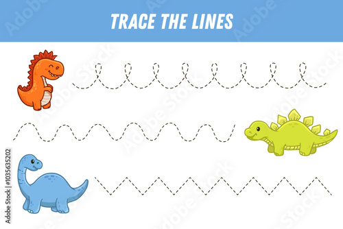 Tracing lines for children. Cute cartoon dinosaurs. Handwriting practice. Educational game for preschool children. Activity page. Vector