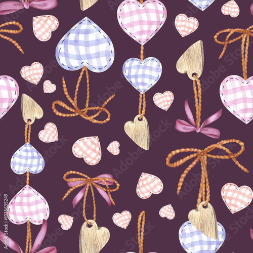 Pendants with hearts made of fabric and wood with jute ropes. Seamless pattern painted with watercolors on a dark background. Collection for St. Valentine's Day. For design, textiles, souvenirs