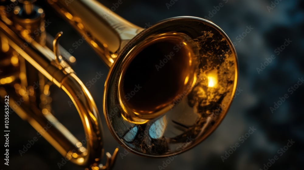 Obraz premium Close-up of a trumpet bell and mouthpiece, showing reflections on brass, slight wear marks for added realism, blurred dark background