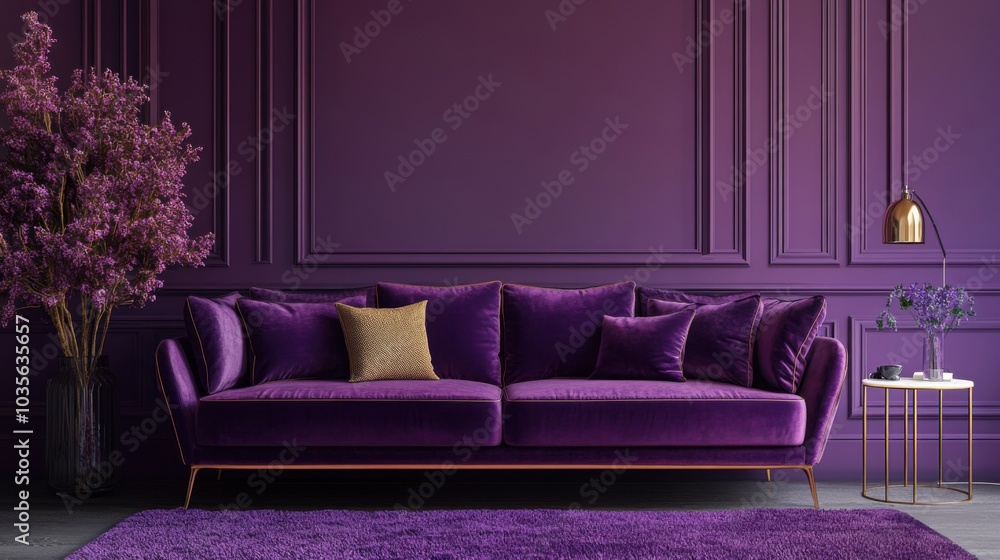 Obraz premium Luxurious purple velvet sofa in a modern interior design setting