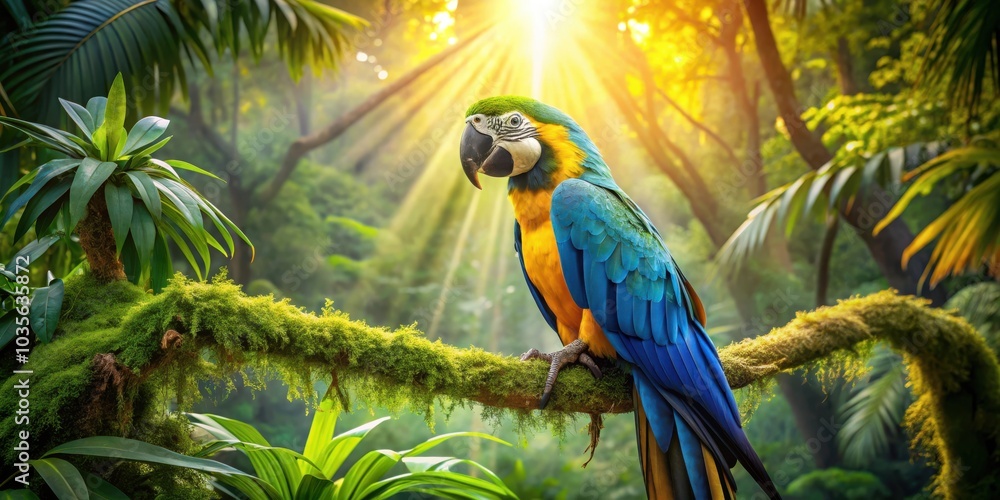 Obraz premium A vibrant blue and yellow macaw perched on a moss-covered branch, basking in the golden glow of sunlight filtering through the lush tropical foliage.