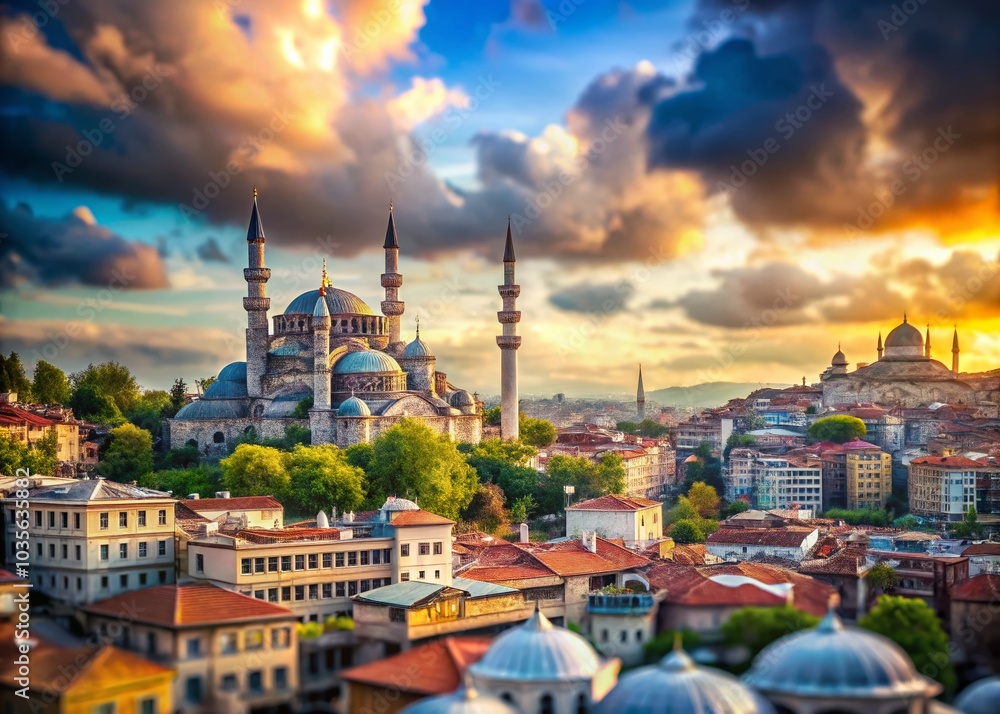 Naklejka premium Vibrant Tilt-Shift Photography of Istanbul Skyline Blending Historic Mosques and Modern Architecture Under Dynamic Sky