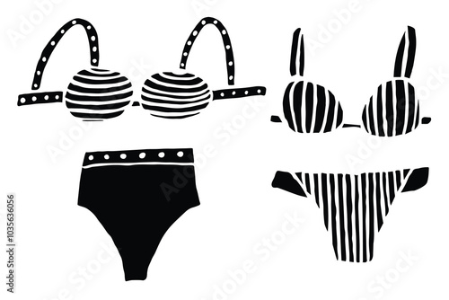 Underwear, swimsuit, lined print. Black and white fashion icons. Isolated on a white background.