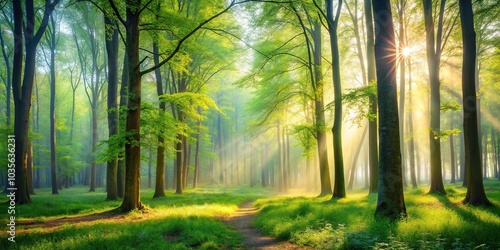 A serene forest scene with towering trees and a misty atmosphere on a crisp spring morning, serene, calm, spring