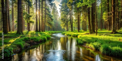 A serene forest landscape with a meandering stream running through it, surrounded by tall trees and lush greenery, forest, solitude, scenery