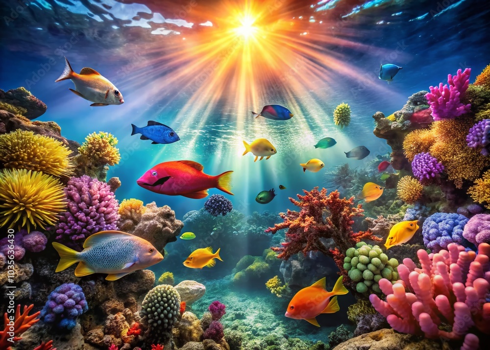 Obraz premium Vibrant Underwater Scene with Colorful Fish and Coral Reef