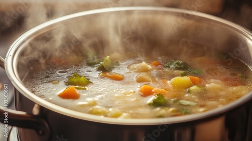 Steaming pot of soup with floating vegetables, close-up, warm tones.