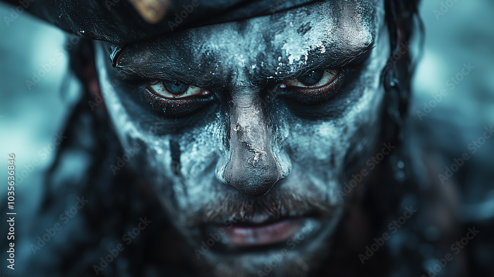 man with fiery demon makeup, monster. Halloween banner with copy space man with fiery demon makeup, monster. Halloween banner with copy space