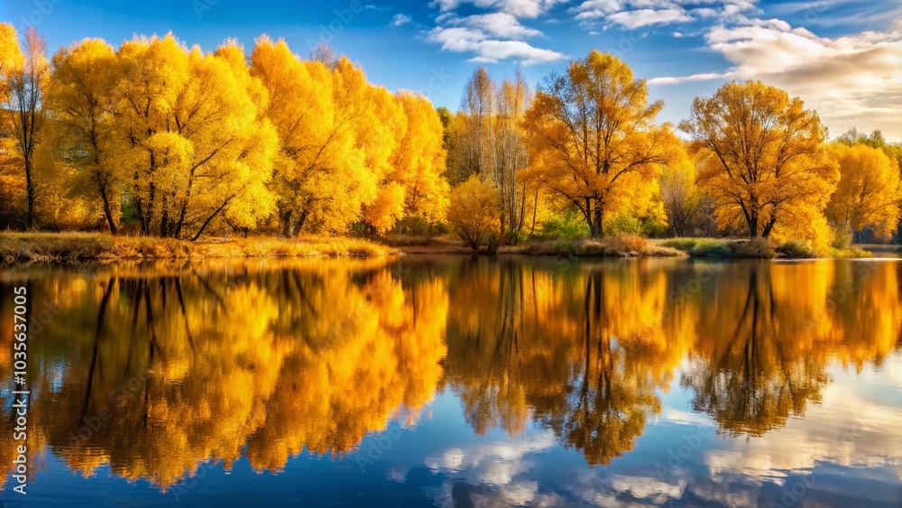 Beautiful Autumn Landscape with Yellow Maple Trees Reflected in Calm Water Beautiful Autumn Landscape with Yellow Maple Trees Reflected in Calm Water