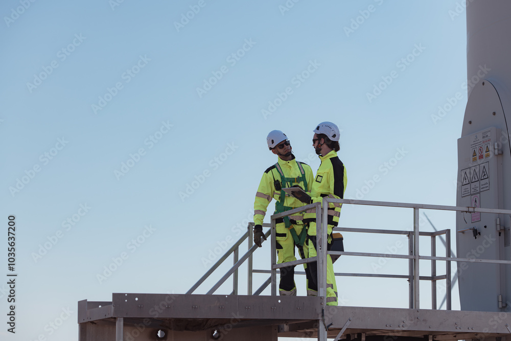 The engineering team is surveying the area to install a large wind turbine for converting wind energy into electricity The engineering team is surveying the area to install a large wind turbine for converting wind energy into electricity