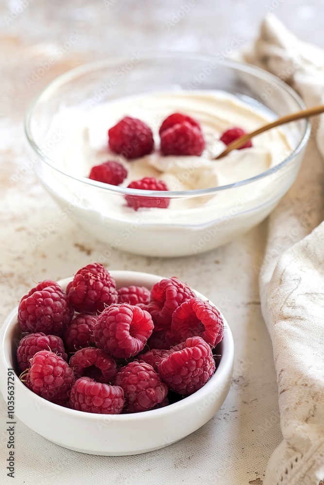 A bowl of fresh, ripe red raspberries next to a bowl of creamy yogurt or cream A bowl of fresh, ripe red raspberries next to a bowl of creamy yogurt or cream