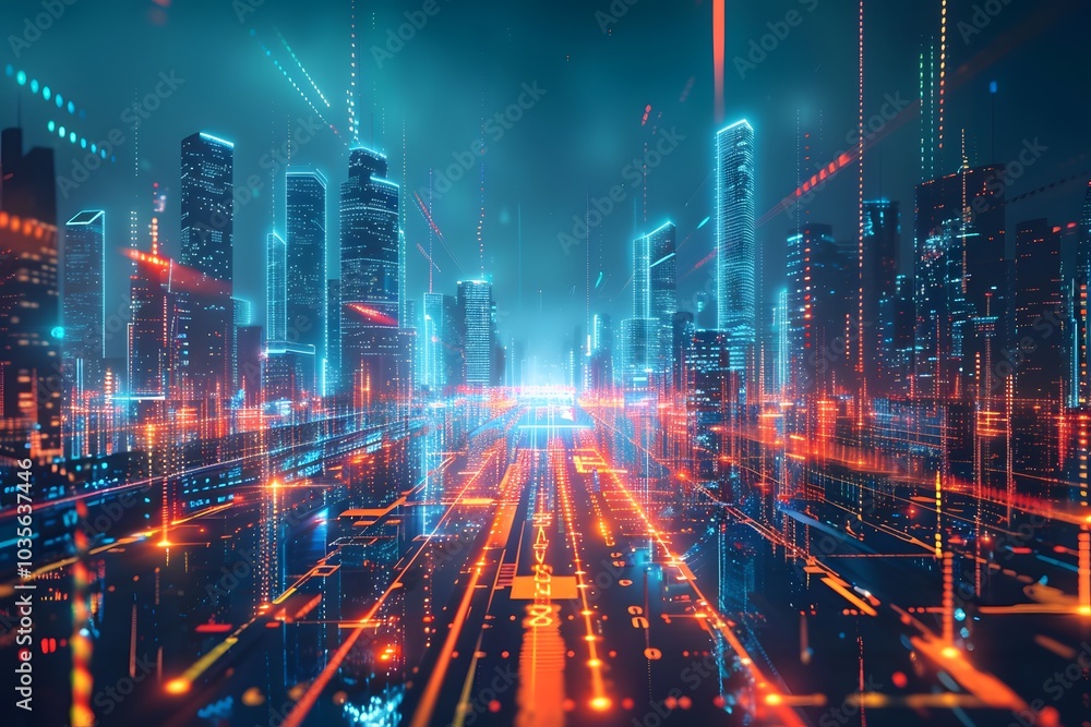 Futuristic Cityscape with Neon Lights and Digital Elements Futuristic Cityscape with Neon Lights and Digital Elements