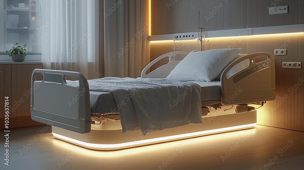 Fototapeta premium Modern Hospital Bed Design with Soft Ambient Lighting in a Sterile Room